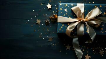 AI generated a blue gift box with gold stars on a dark background photo