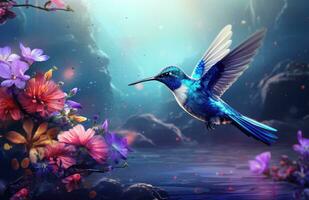 AI generated a blue bird flying among red and white flowers photo