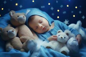 ai generado un bebé es dormido en su azul cobija con osos foto