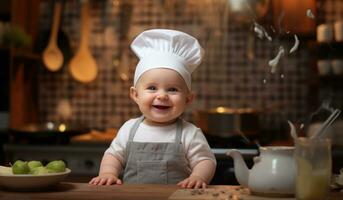 ai generado un bebé vistiendo un del chef sombrero es en pie en el cocina foto