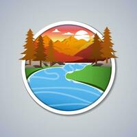 Vector Illustration of Sunset in Beautiful Mountains with Flowing River