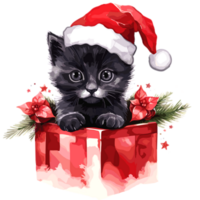 AI generated Cute black kitten with santa hat in christmas gift box Watercolor png