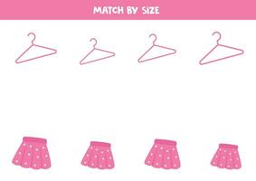 Matching game for preschool kids. Match cartoon pink skirts and hangers by size. vector