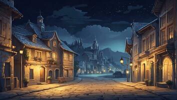 AI generated Night Traditional Town and Street, Classic Retro, Anime Style photo