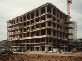 ai generado edificio debajo construcción con andamio, industrial edificio construcción proceso, construcción de oficina edificios con Ingenieria foto