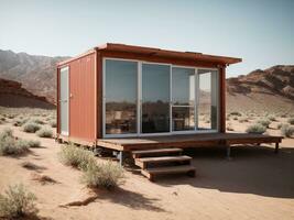 AI generated Small Container House at Desert, 3D Illustration. Modern Home Made of Freight Shipping Container in Desert Landscape photo