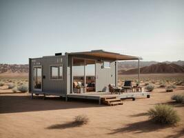 AI generated Modern Container Living. 3D Illustration of a Small House in a Desert Landscape photo