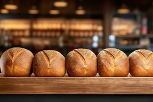 AI generated Freshly baked rye bread loaves neatly arranged on table, set against blurred backdrop of a store or a bakery. With copy space. Ideal for food blog, advertising, bakehouse, cafe photo