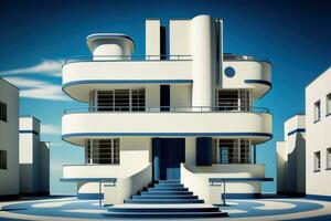 AI generated Futuristic Modern white blue building with a unique design with curved walls and large windows. The building is in a minimalist style. Ideal for use in architectural or design projects. photo