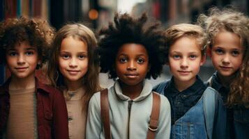 ai generado niños desde varios étnico antecedentes escaparate su unidad mediante radiante sonrisas foto