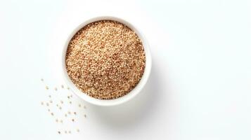 AI generated A bowl of quinoa on a white background. Top view. With copy space. Ideal for food and health related content. For banner, poster, advertising, web design, organic food store, supermarket photo