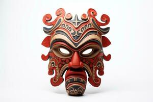 ai generado carnaval rojo máscara para el festival. azteca tradicional, ceremonial máscara en un blanco antecedentes. guerrero mascarilla. tribal tótem. Perfecto para viajar, arte, de temática cultural proyecto foto