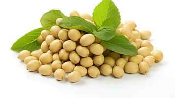 AI generated Soybeans with mint leaves isolated on a white background. Ideal for food and health related content. For banner, poster, advertising, web design, organic food store, supermarket photo