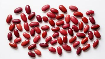 AI generated Close up of red kidney beans evenly scattered on white background. Top view. Background texture of uncooked kidney beans. Copy space. Can be used in food and nutrition related content photo