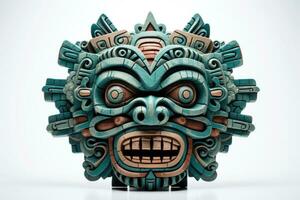 AI generated Carnival green mask for the festival. Aztec traditional, ceremonial mask on a white background. Warrior mask. Tribal totem. Perfect for travel, art, cultural-themed project. photo
