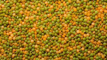 AI generated Top view of mix of green and orange lentils. Background texture of uncooked lentils. Copy space. Top view. Can be used in food and nutrition related content photo