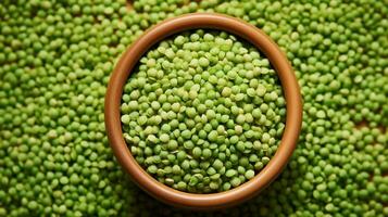 AI generated Close-up view of green lentils in a wooden bowl on a background of scattered lentils. Top view. Ideal for culinary and food-related content photo