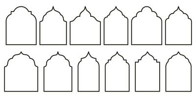 Collection of Oriental Style Islamic Ramadan Kareem and Eid Mubarak Windows and Arches. Modern Design Elements Include Doors, Mosque Domes, and Lanterns in outline style. vector