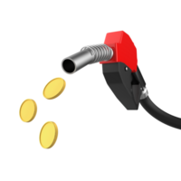 3D render of Gasoline fuel pump nozzle with coins on transparent background PNG