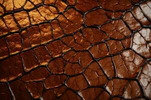 AI generated Detailed texture of crocodile or snake skin. Brown reptile scales. Macro. Alligator, cobra, python leather. Large scales. Beautiful, expensive, rich background. Design element. photo