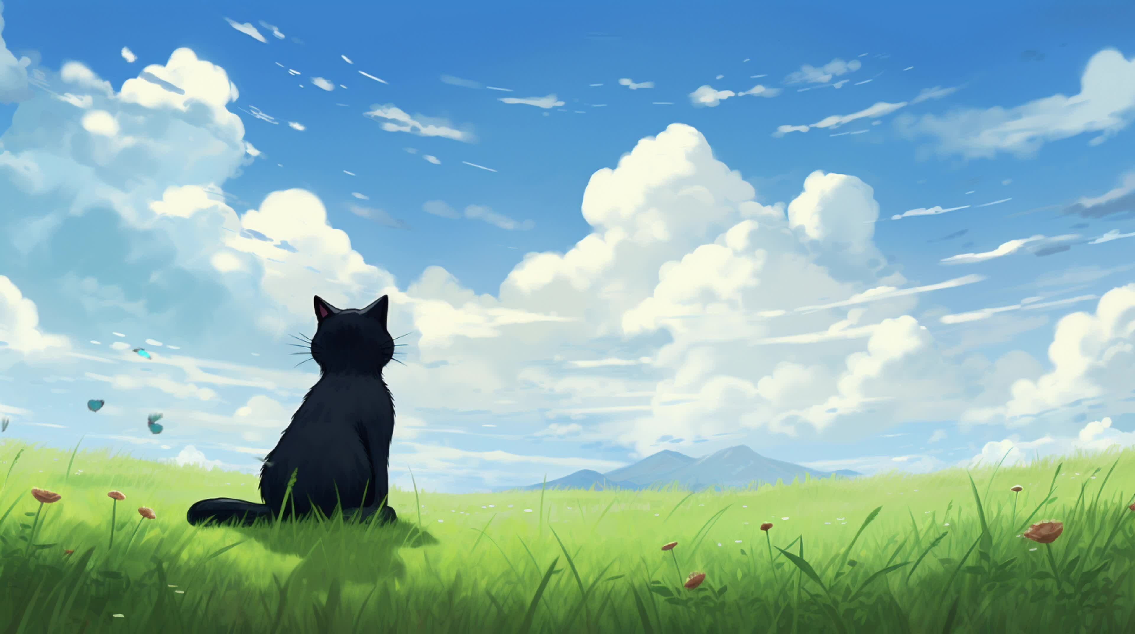 AI generated The black cat sat on the green grass looking up at the