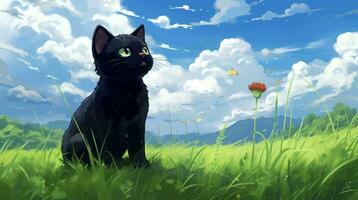 ai gegenereerd de zwart kat za Aan de groen gras op zoek omhoog Bij de Doorzichtig bewolkt lucht. naadloos looping geanimeerd video