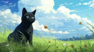 AI generated The black cat sat on the green grass looking up at the clear cloudy sky. Seamless looping animated video