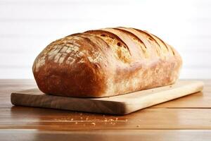 AI generated Bread on white background. Freshly baked golden brown loaf of bread with crispy crust. Made from organic whole grain wheat flour. Healthy food. For bakery, food blog, photo