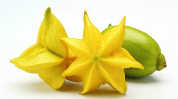 AI generated Carambola fruit on white background. Exotic yellow of carambola tree. Sweet healthy vegetarian dessert. Close up. Ideal for use in the food and drink industry, for tropical photo