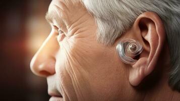 AI generated Hearing aid device on an elderly persons ear. Treatment of people with hearing loss. Medicine and science. Suitable for showcasing in medical and healthcare services. photo