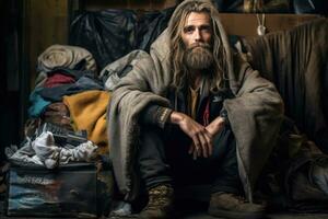 AI generated Homeless person close-up. An unkempt homeless man with long hair, a beard and mustache in an old dirty clothes. Pure piercing gaze. Tramp, beggar. Social problems. Hobo fashion photo