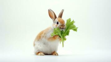 AI generated Brown Rabbit eating Celery. Isolated on white background. Cute Easter bunny. Ideal for pet food advertisement, educational content, kids book, animal health, pet care guide. For Easter photo