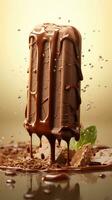 AI generated Chocolate ice lolly amidst a dynamic splash of melted chocolate, on a light blurred background. Close up. Vertical format. Great for dessert menus, food blogs, advertisements, magazines photo