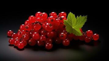 AI generated Fresh Red Currants with Green Leaf on a Black Background. Perfect for food advertisement, nutrition article, grocery promotion, culinary website, print media, store, supermarket, shop. photo