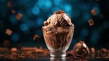 AI generated Chocolate ice cream topped with chocolate pieces in transparent glass on dark blue blurred background with bokeh. Ideal for dessert menus, food blogs, advertisements, magazines photo