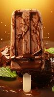 AI generated Chocolate ice lolly amidst a dynamic splash of melted chocolate, on a light blurred background. Close up. Vertical format. Great for dessert menus, food blogs, advertisements, magazines photo