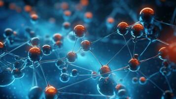 AI generated Atoms and molecules. Colorful Spheres in Motion. Abstract background. Futuristic Geometry. Concept of science, chemistry, medicine, technology, networks. Copy Space. Bubbles. photo