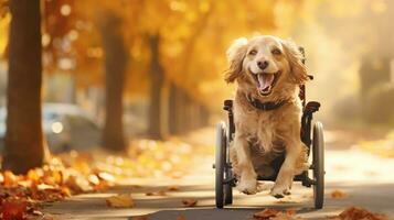 AI generated Happy joyful dog in wheelchair runs with his tongue hanging out while walking in park. Dog is disabled. Helping injured dogs. Love to the animals. Advertising, banner, poster, pet store. photo