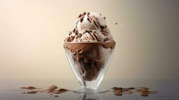 AI generated Chocolate ice cream topped with chocolate pieces in transparent glass on light background. Ideal for dessert menus, food blogs, advertisements, magazines, recipe books. photo