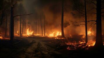 AI generated Wildfire. Forest Fire Causes Massive Destruction. Forest Engulfed in Flames. Disaster. Ecological catastrophe. Burning trees and orange smoke. For awareness campaigns on fire safety photo