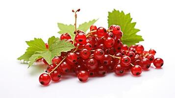 AI generated Fresh Red Currants with Green leaves on a White Background. Perfect for food advertisement, nutrition article, grocery promotion, culinary website, print media, store, supermarket, shop. photo