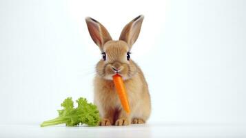 AI generated Rabbit eating carrot. Isolated on white background. Cute Easter bunny. Copy space. Ideal for greeting, banner, pet food advertisement, educational content, kids book, animal health photo
