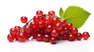 AI generated Fresh Red Currants with Green Leaf on White Background. Perfect for food advertisement, nutrition article, grocery promotion, culinary website, print media, store, supermarket, shop. photo