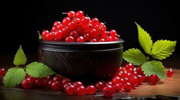 AI generated Fresh Red Currants in bowl with Green leaves on a Black Background. Perfect for food advertisement, nutrition article, grocery promotion, culinary website, print media photo