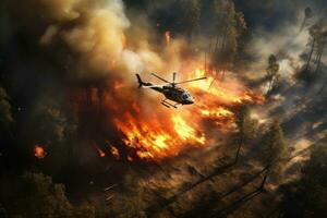 AI generated Helicopter extinguishes a fire in the forest. View from above. Helicopter Overcomes Forest Inferno. Brave firefighters stop natural disaster and save nature photo