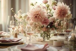 AI generated Luxury elegant table setting with glasses and dishes. Beautiful flowers decorated on the table. Generative AI photo