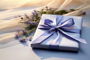 AI generated Small gift box with violet ribbon and flowers. Generative AI photo