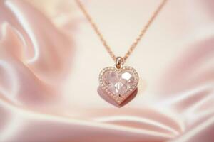 AI generated Delicate shiny heart shaped necklace on a minimalist pink background. Generative AI photo