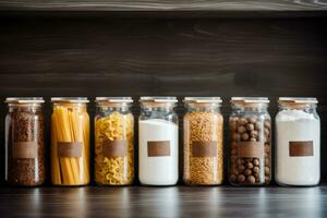 AI generated Neatly organized and labeled baking ingredients in storage containers. Organized food pantry in kitchen with spices, grains, flours and rice. Generative AI photo