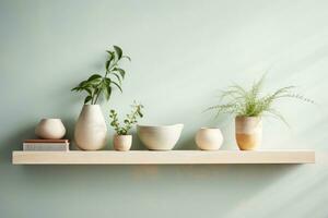 AI generated Shelf with group of houseplants on light wall. Minimal composition. Generative AI photo